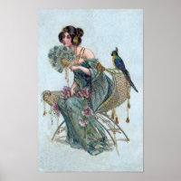 Jugendstil-Vintage Elegantendame mit Papagei