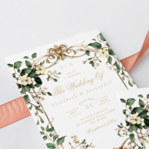 Jugendstil Vintage Floral Grün und Gold Hochzeit Einladung