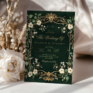 Jugendstil Vintage Floral Grün und Gold Hochzeit Einladung