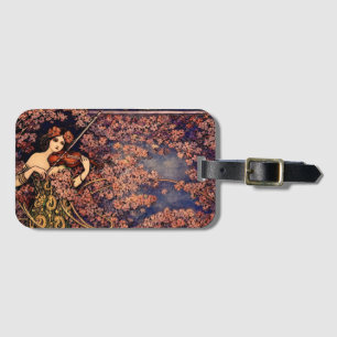 Jugendstil-Violinistin in Blüten – Vintage-Blumenm Gepäckanhänger