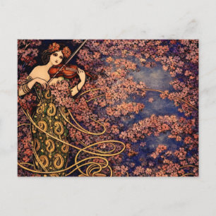 Jugendstil-Violinistin in Blüten – Vintage Floral Postkarte