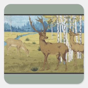Jugendstil-Wald mit Hirschen Maurice Verneuil Kuns Quadratischer Aufkleber