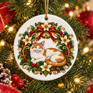 Jugendstil-Weihnachtskatze mit Stechpalmenkranz Keramik Ornament