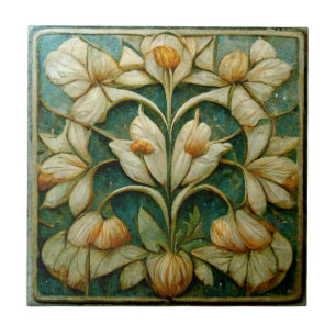Jugendstil-Weiße Blume, blau-grüner Hintergrund Fliese