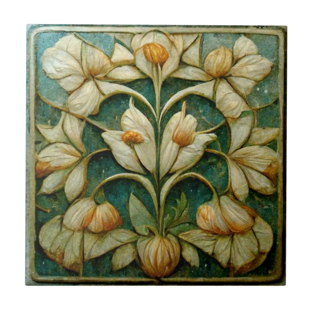 Jugendstil-Weiße Blume, blau-grüner Hintergrund Fliese (Vorderseite)