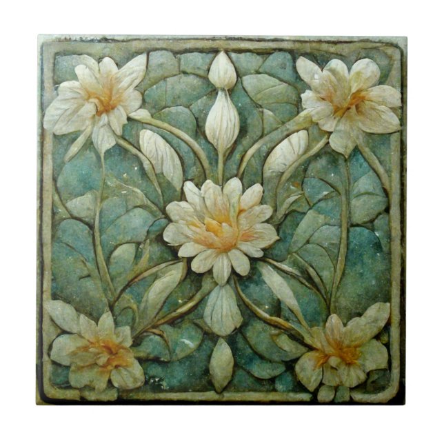 Jugendstil, Weiße Blume, schönes Blau, Fliese (Vorderseite)