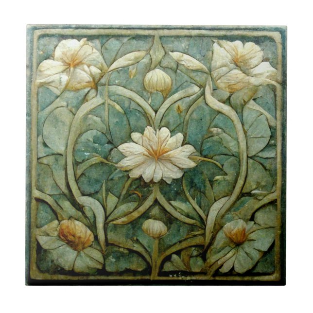 Jugendstil, weiße Blumen, dekoratives Blau Fliese (Vorderseite)