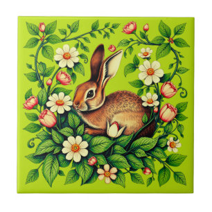Jugendstil Wildkaninchen und Blumen Fliese