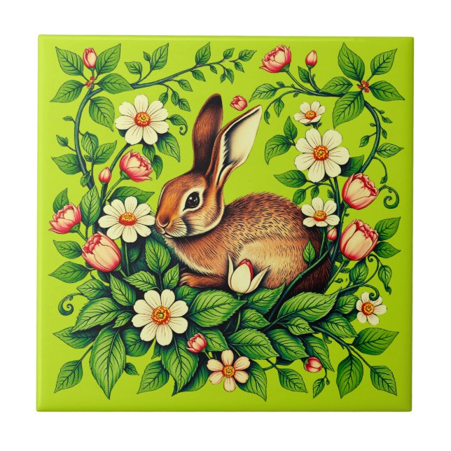 Jugendstil Wildkaninchen und Blumen Fliese (Vorderseite)