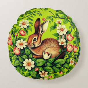 Jugendstil Wildkaninchen und Blumen Rundes Kissen