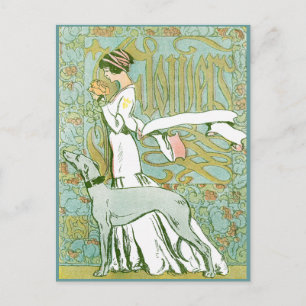 Jugendstil Windhund und Dame mit Blume Postkarte