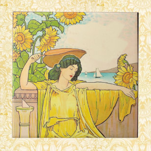 Jugendstilfrau mit Sonnenblumen Fliese