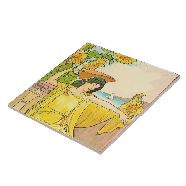 Jugendstilfrau mit Sonnenblumen Fliese (Seite)