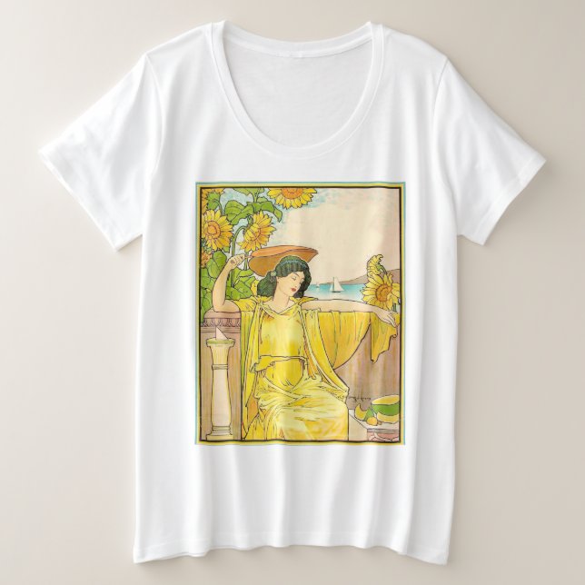 Jugendstilfrau mit Sonnenblumen Große Größe T-Shirt (Design vorne)