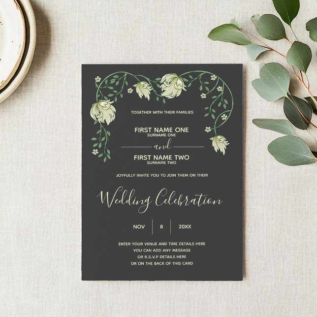 Jugendstilhochzeit Einladung (Art nouveau wedding invitation with green script and vintage style floral top frame)