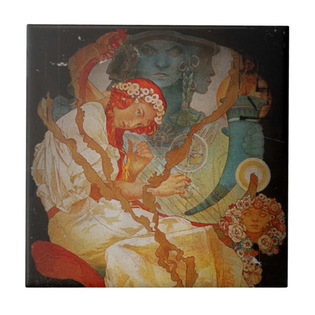 Jugendstilmädchen mit Harfe 1903 Fliese (Vorderseite)