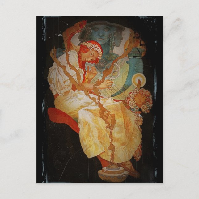 Jugendstilmädchen mit Harfe 1903 Postkarte (Vorderseite)