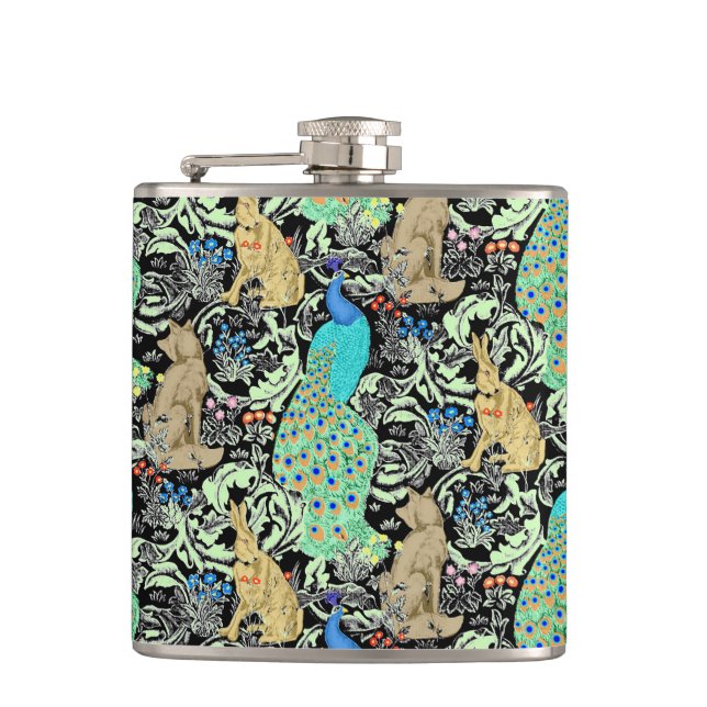 Jugendstilpfauendruckerei, Türkis & Neutral Flachmann (Vorderseite)