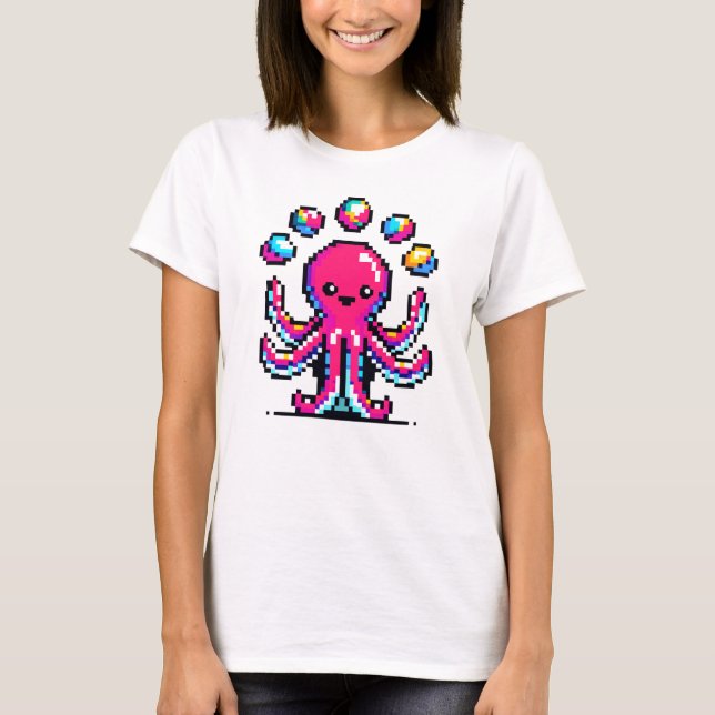 Juggling Octopus - Funny Pixel Art Circus Design T-Shirt (Vorderseite)