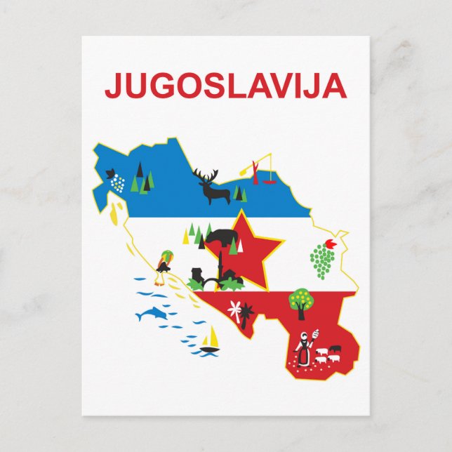 Jugoslawien, touristische Landkarte, Vintage-Reise Postkarte (Vorderseite)