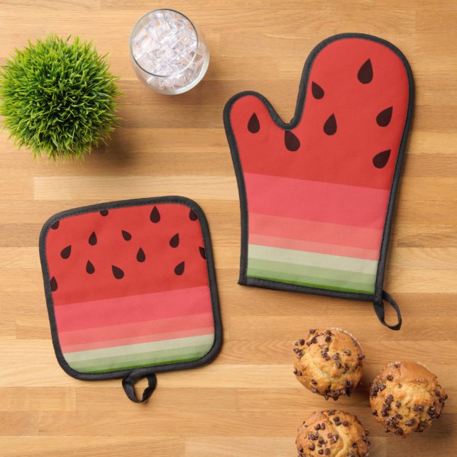 Juicy Delicious Ripe Watermelon mit Samen Design Ofenhandschuh & Topflappen-Set (Oben Unten)