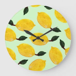 Juicy Lemon Blueberries: Aquarellfarbene Nahtlose Große Wanduhr
