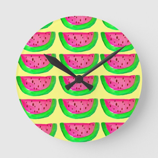 Juicy pink watermelon Fruchtmuster auf Zitrone Runde Wanduhr (Vorderseite)