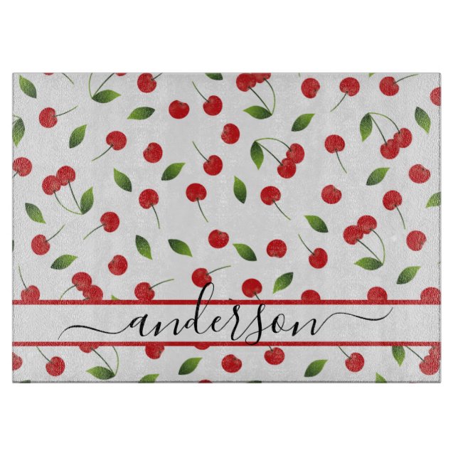 Juicy Red Cherry Pattern | Personalisiert Schneidebrett (Vorderseite)
