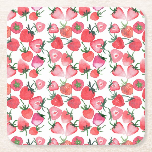 Juicy Red Strawberries Wasserfarben Muster Rechteckiger Pappuntersetzer (Vorderseite)