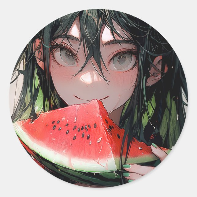 Juicy Summer Watermelon Anime Girl Runder Aufkleber (Vorderseite)