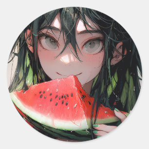 Juicy Summer Watermelon Anime Girl Runder Aufkleber