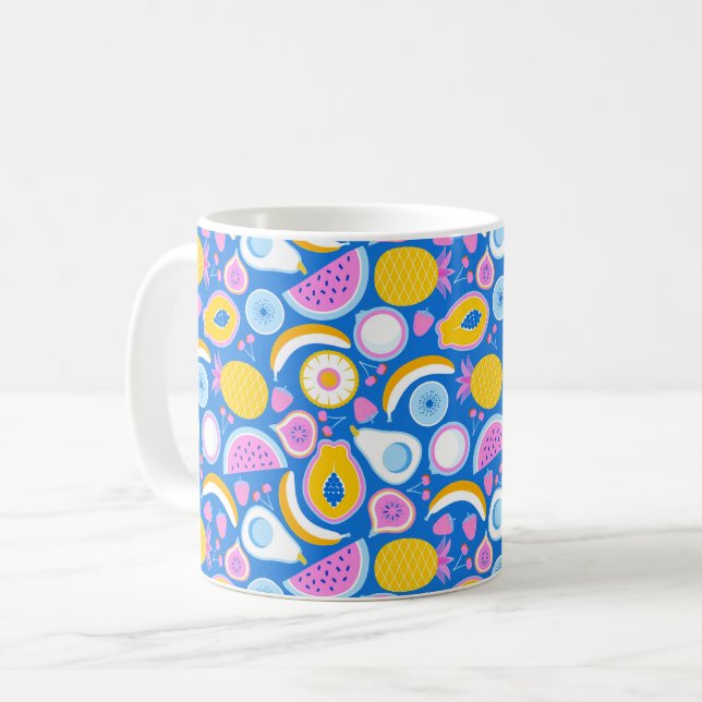 Juicy tropical fruits - Blauer Hintergrund Kaffeetasse (Vorderseite Links)