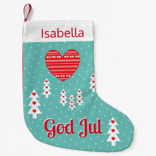Jul Nordic Pine Trees with Hearts in Snow Kleiner Weihnachtsstrumpf