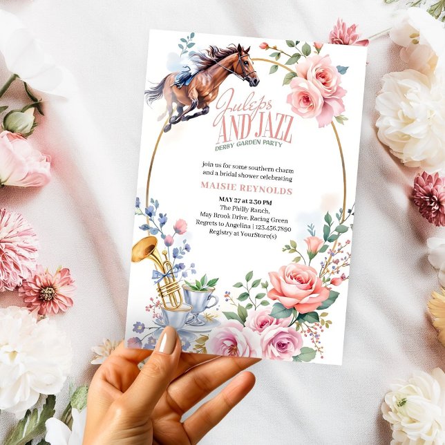 Juleps und Jazz Floral Horse Racing Brautparty Einladung (Von Creator hochgeladen)