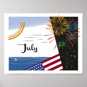 Juli Art Deco Beach Szene mit Flag und Feuerwerk Poster