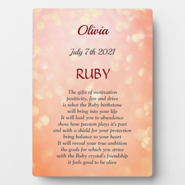 Juli Birthstone Ruby Tabletop Plaque mit Easel Fotoplatte (Vorderseite)