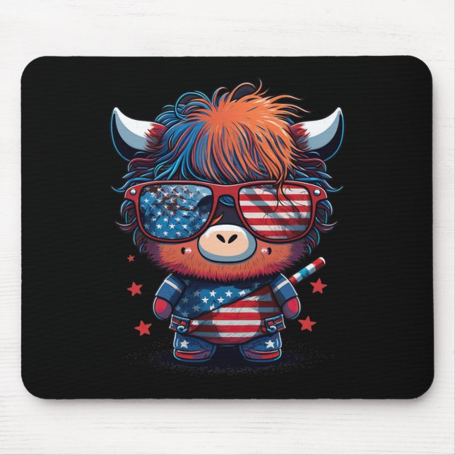 Juli Flag Patriotic Scottish Highland Cow US Mousepad (Vorne)