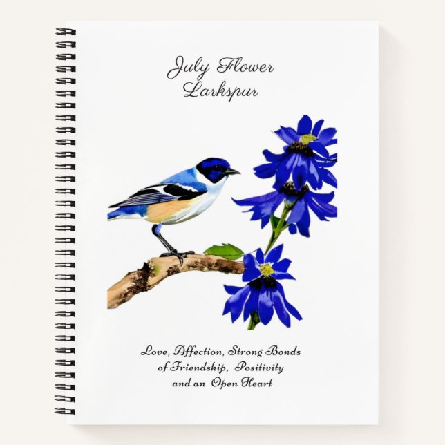 Juli Geburtmonat Blume Bluebird und Larkspur Notizbuch (Vorderseite)