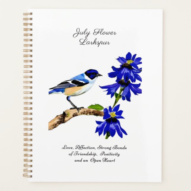 Juli Geburtmonat Blume Bluebird und Larkspur Planer (Vorderseite)