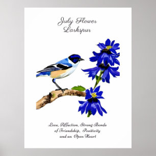 Juli Geburtmonat Blume Bluebird und Larkspur Poster