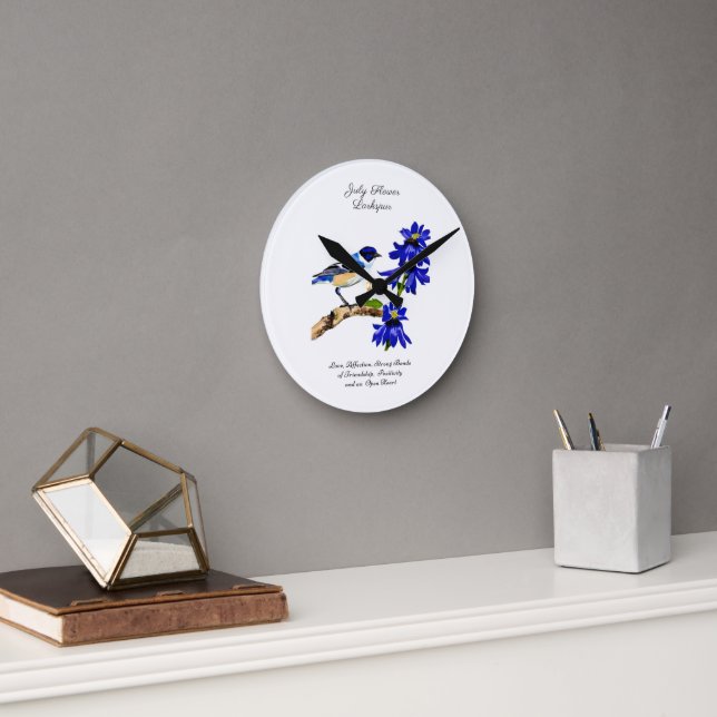 Juli Geburtmonat Blume Bluebird und Larkspur Runde Wanduhr (Büro)