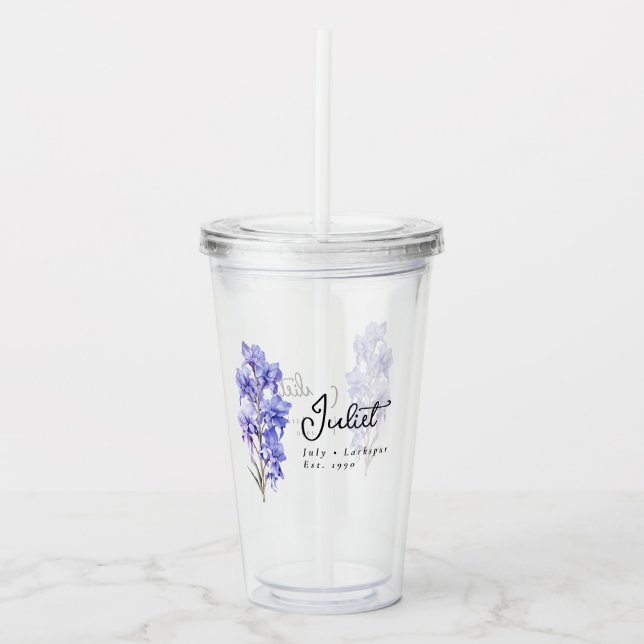 Juli Geburtsmonat Blume Larkspur Personalisiert Acryltrinkbecher (Vorderseite)
