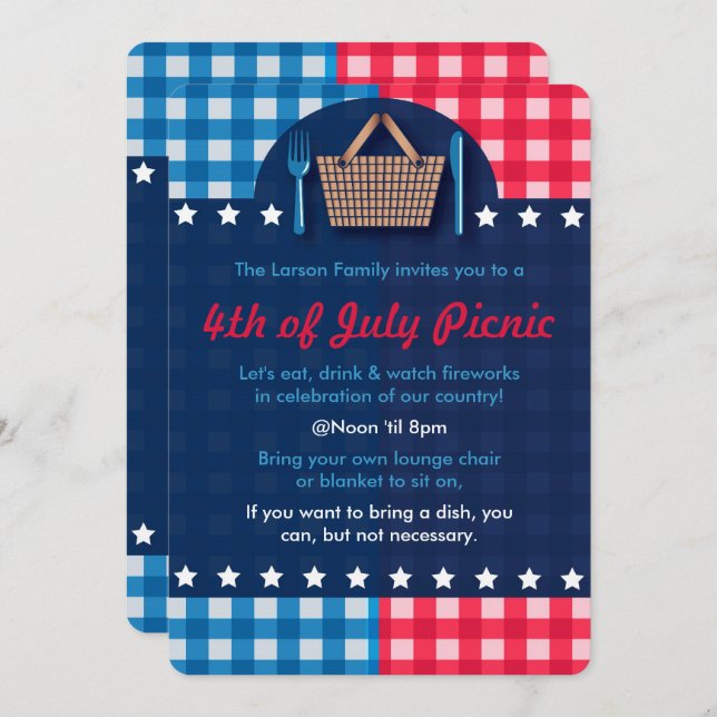 Juli Gingham Picnic Einladungen (Vorne/Hinten)