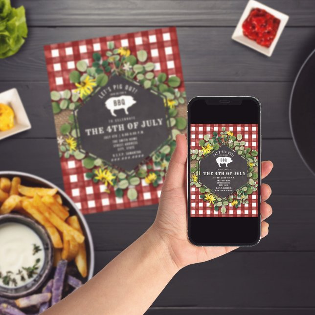 Juli GRILLEN Pig Wildblume Rotes Gingham Party Einladung (Von Creator hochgeladen)