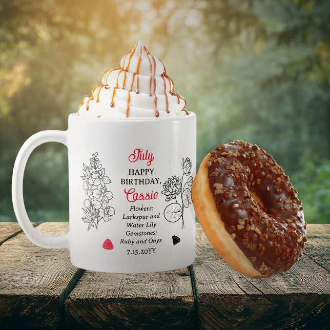Juli Larkspur und Wasserlilie Geburtstag Keepake Kaffeetasse (July Floral and Birthstone Birthday Keepsake Coffee Mug)
