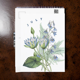 Juli Monat Blume Larkspur und Wasserlilie   Postkarte