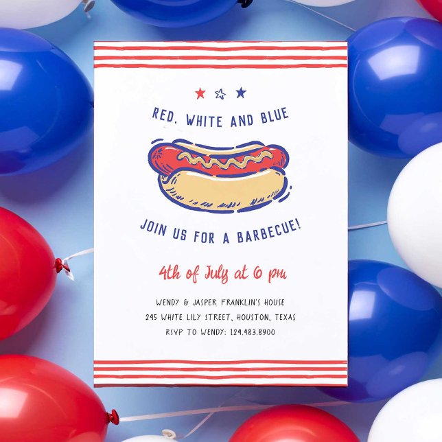 Juli Party GRILLEN Quirky Hand Gezeichnet Einladung (Hot dog BBQ 4th of July party invitation)