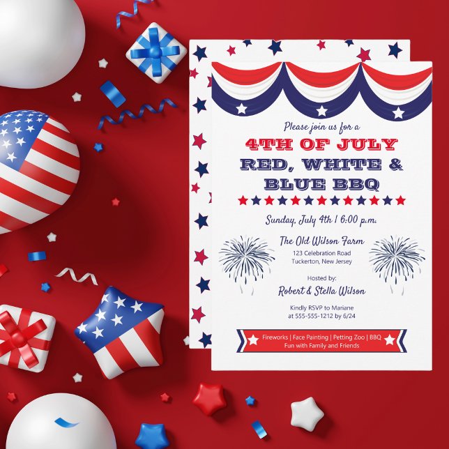 Juli Rot-Weiß und Blau-GRILLEN Einladung (4th of July Red, White and Blue BBQ Invitation)