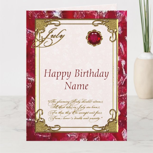 Juli Ruby Birthstone Geburtstag 8.5X11 Karte (Vorderseite)