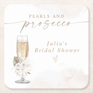 JULIA Boho Floral Perlen & Prosecco Brautparty Rechteckiger Pappuntersetzer